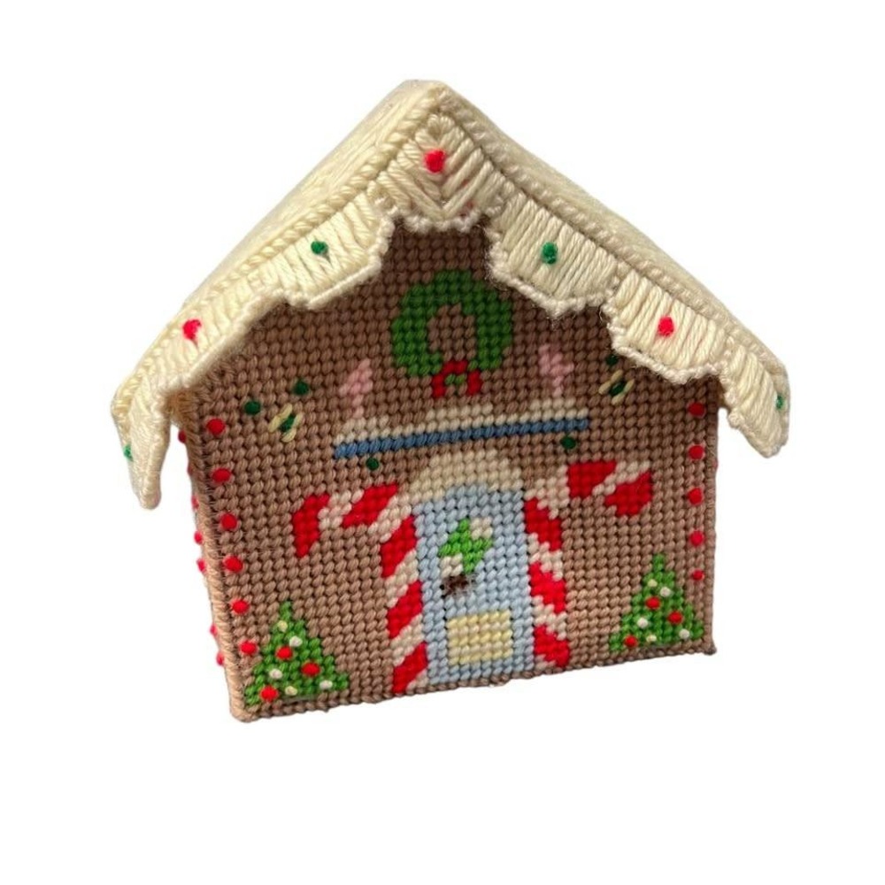 VTG Handmade Plastic Canvas Needlepoint Gingerbread House Christmas Tan‎